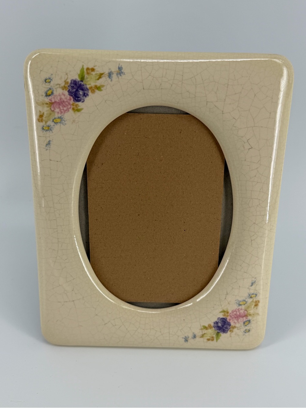 Vintage Ceramic Picture Frame Crackle Glaze Oval Opening, Floral Accents